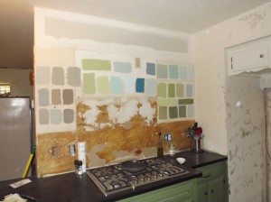 Can you tell I love those little $2.95 paint samples?  This was my idea wall.  I played with colors for a month while all the countertops, paint and floors were done. Can you tell I love green?