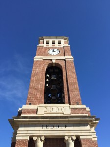 The Peddle Bell Tower on the campus of Ole Miss. Thirty-six bronze bells chime on the hour. Songs are played everyday at 5 PM.