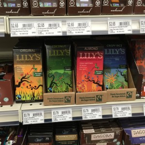 They had Lily’s chocolate bars – a brand I usually can find only at Whole Foods. It is sweetened with stevia instead of sugar. They didn’t have as many varieties, but they were $0.20 cheaper.