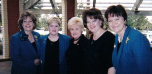 Cindy, Carol and Marsha are in the blue suits. We are posing with Barbara, our mentor and friend. I have no idea where San was.