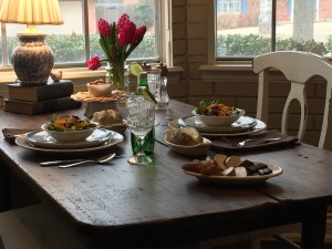 We are in the middle of a house remodel so I had to pull chairs from another room. I sat the table with mixed vintage dishware. (I'm kind of a dish hoarder.)